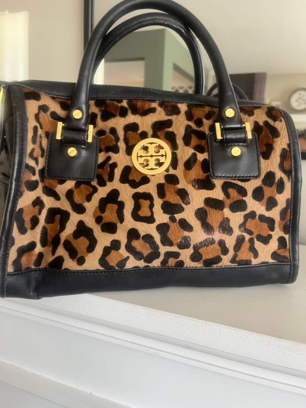 Tory Burch Leopard-Print Haircalf Satchel with Black Trim and Gold Hardware
